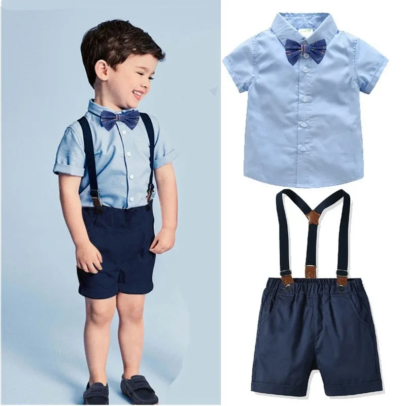 

England 2020 Summer Gentleman Children's Clothing Boys Set Kids Cotton Short Sleeve Shirt Suspenders Four-piece High Quality
