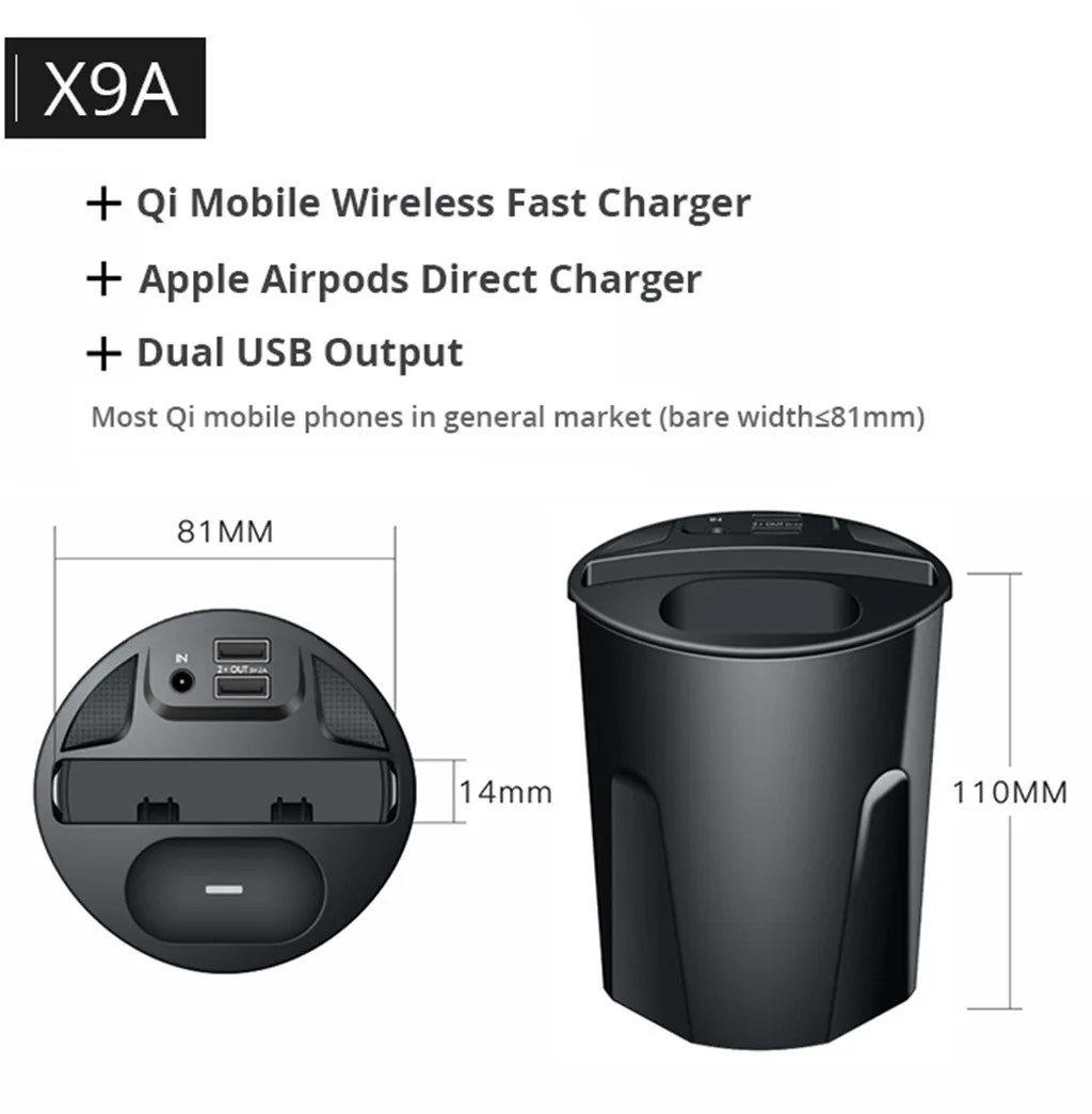 X9A 10W Беспроводная чашка зарядного устройства с USB для iPhone 11/Pro Max для Airpods 2th быстрая Беспроводная зарядка автомобиля беспроводная зарядка