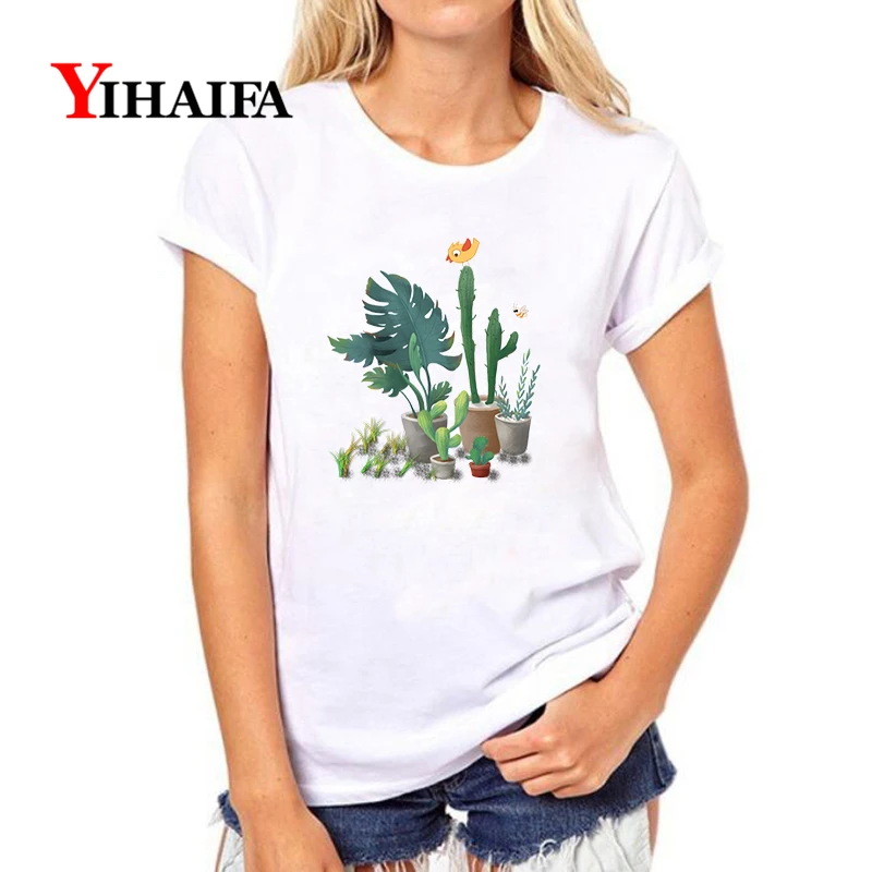

YIHAIFA Summer Short sleeve T-shirt Women Plant Print Graphics Tee Casual Pullover Tops O-Neck White T Shirts