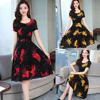 

2020 Summer Elegant Print Dress Fashion Casual Women Clothes O-Neck Short sleeve Dress Slim A-Line Ropa Mujer Dress Vestidos#C12