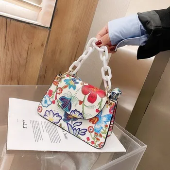 

Small Crossbody Bags for Women PU Leather Print Flower Pattern Ladies Purses and Handbags Chain Graffiti Messenger Side Bags