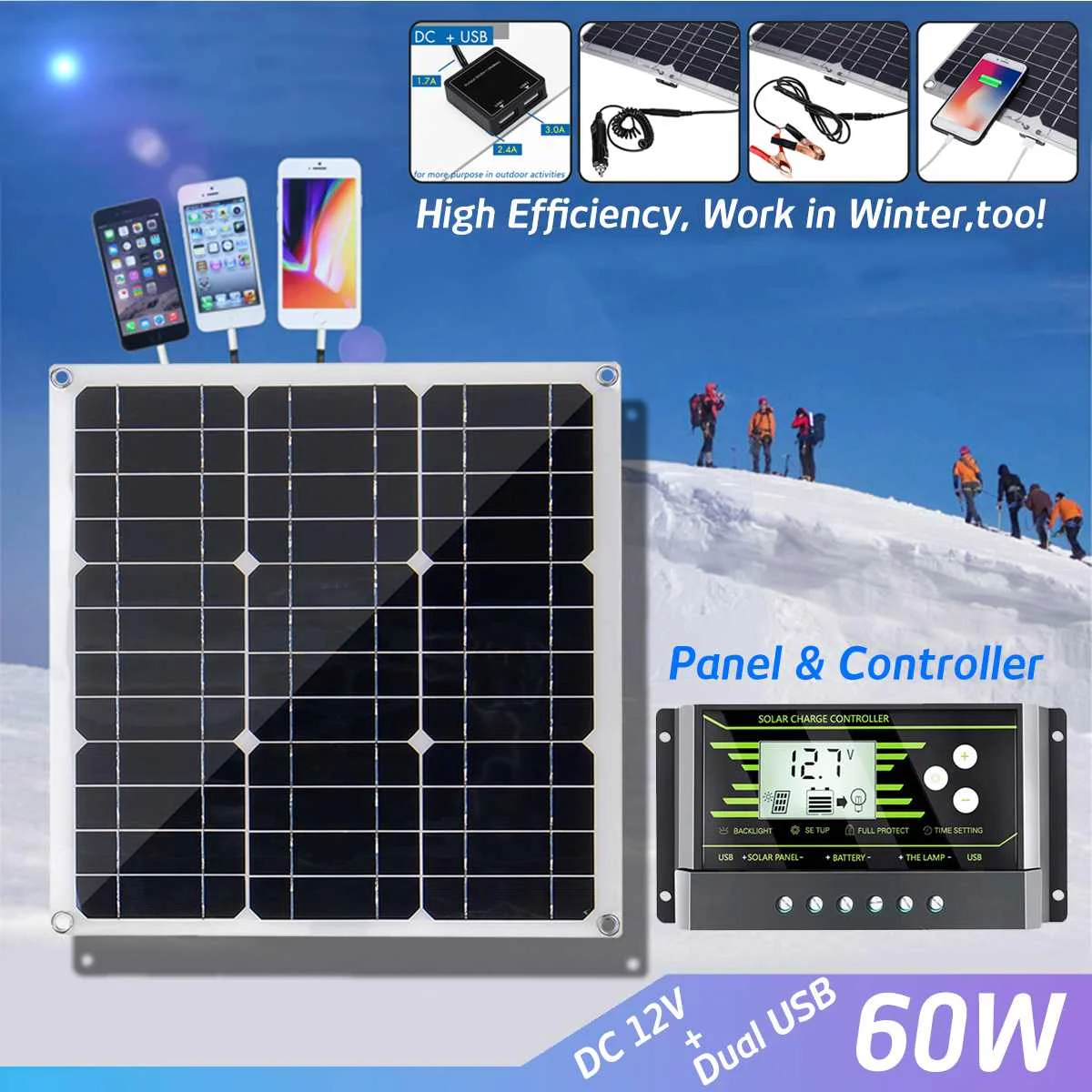 

New Design 60W 18V Mono Solar Panel Dual 12V/5V DC USB Monocrystaline Flexible Solar Charger With 10A 12V/24V PWM Controller