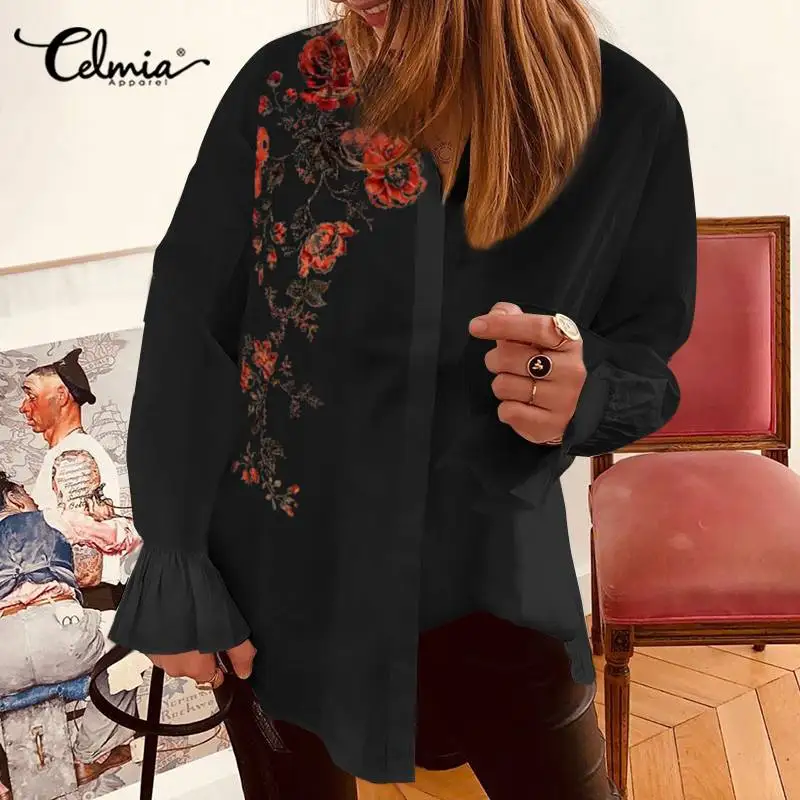 

Celmia Autumn Women Floral Print Blouse Fashion Shirt Casual Lapel Long Flare Sleeve Buttons Office Ladies Top Plus Size Blusas