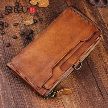 

AETOO Original retro vintage men's leather cell phone wallet multi-card bit leather handbag long zipper slim