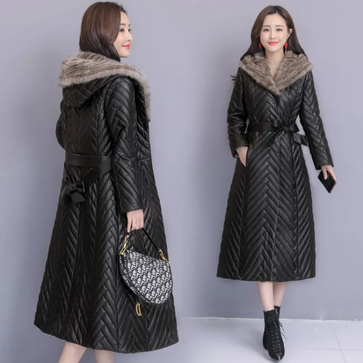Новинка 2019 приталенная Длинная кожаная женская пуховая куртка Haining из меха норки