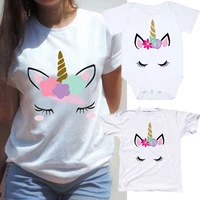 Matching Family Outfits Mom Kids Baby Unicorn T-shirt Tops Summer Short Sleeve Mother Daughter Clothes Big Sister Little Sister 1