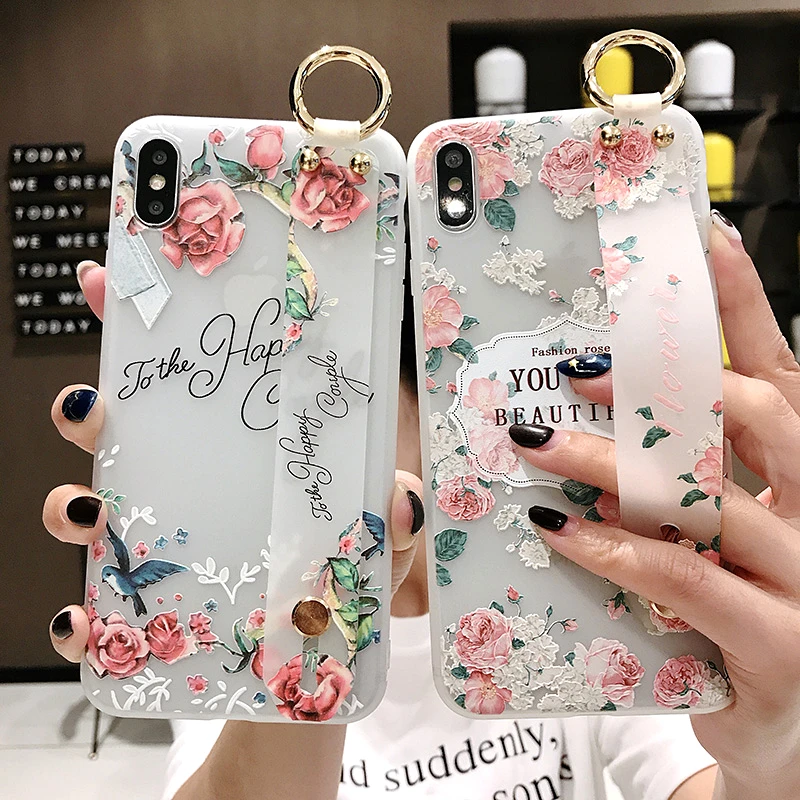 

Flower Phone Wrist Strap Holder Case For iPhone XS Max Case XR 6 8 7Plus Relief Rose Flower Kickstand Wrist Strap Soft TPU Cover