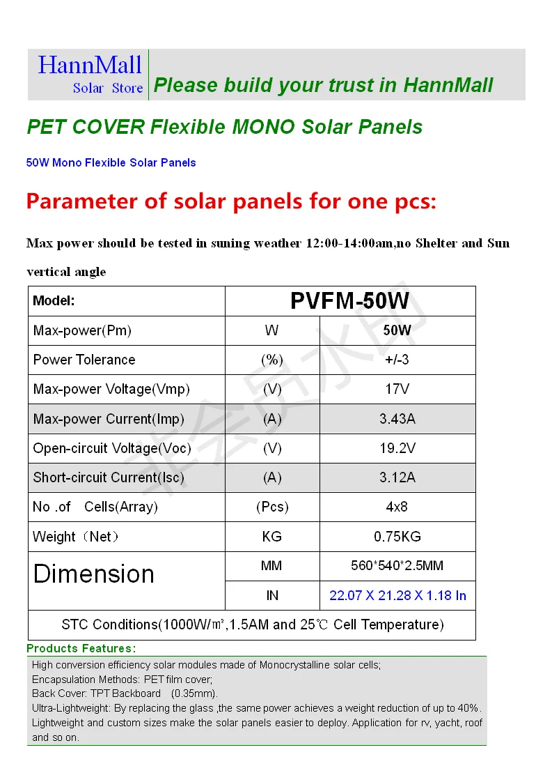 HannMall 18V 50W Flexible Solar Panel Solar Charger For 12V Car Battery Monocrystalline Cells For Hause,boat,roof with MC4 Cable