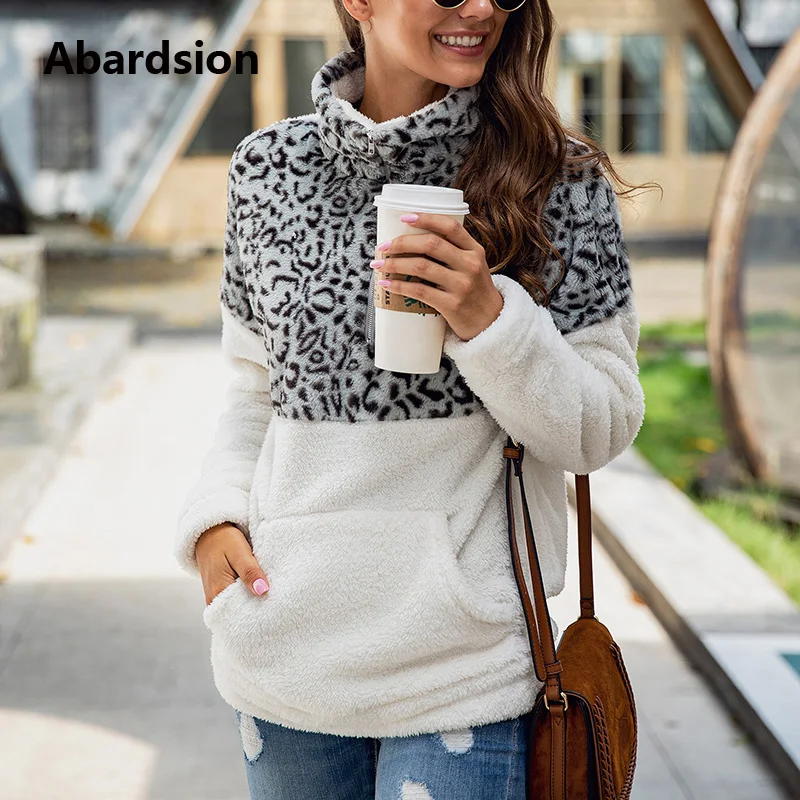 

Abardsion Winter Warm Fluffy Plush Hoodie Women Sweatshirt Plus Size Hoody Ladies Patchwork Leopard Zipper Fur Oversized Hoodies