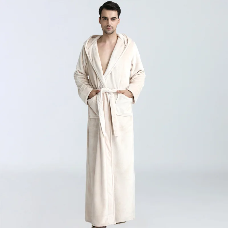 New Men Winter Extra Long Hooded Thick Flannel Warm Bath Robe Male Dressing Gown Thermal Bathrobe Women Mens Luxury Kimono Robes