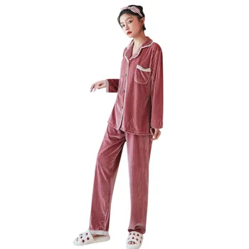

Ladies Solid Color Gold Velvet Pajamas Suit Soft Warm Comfortable Casual HomeWear Top + Pants