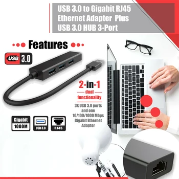 

USB 3.0 Gigabit Ethernet Lan RJ45 1000Mbps Network Adapter 3 Port Hub For Mac PC