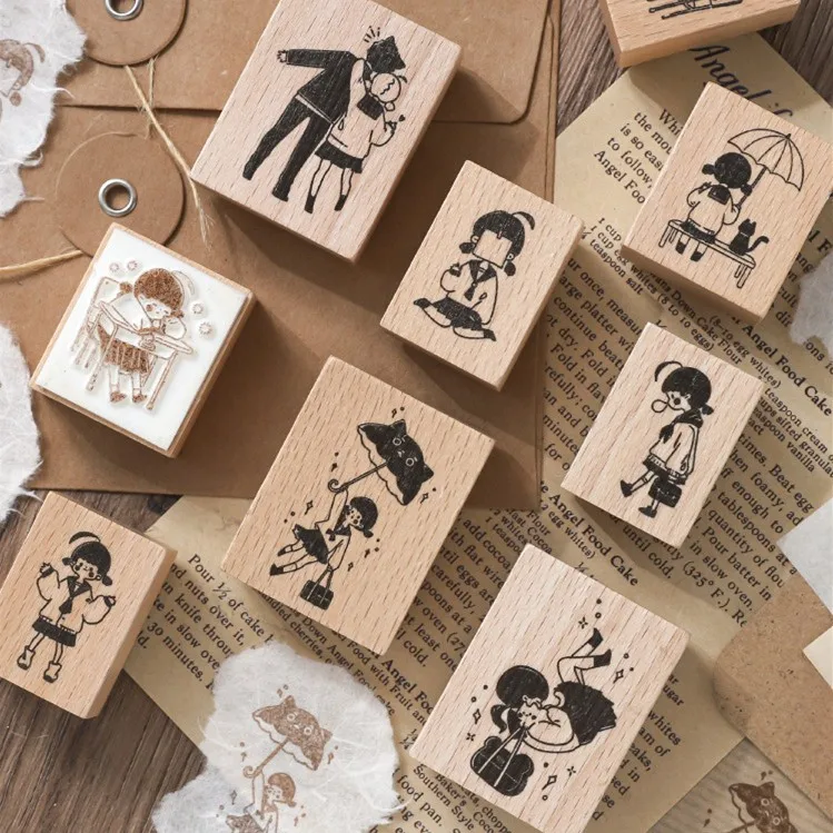 Creativa de la vida diaria niñas gato decorativo de madera de goma Diy Scrapbook sellos para planificador diario decoración para Scrapbook