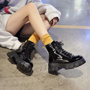 

Patent Leather Black High Platform Boots Women Fashion Martin Boots Women 2019 Non-slip Wear-resistant Sole Ankle Boots Ladies