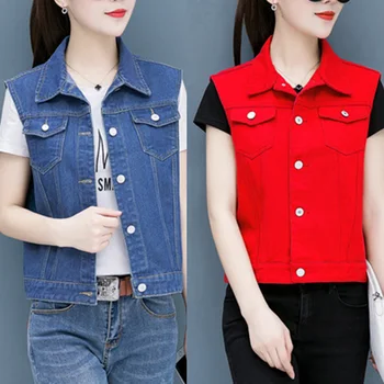 

Jeans Turn-down Collar Women's Denim Vest Sleeveless Female Vests Spring 2020 Button Pocket Steetwear Casual Slim Red Women Coat