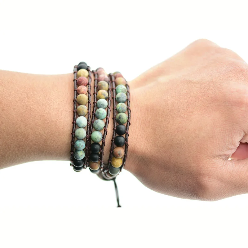 Color Bohemian Natural Stone Woven Bracelet Handmade Woven Leather Bracelet