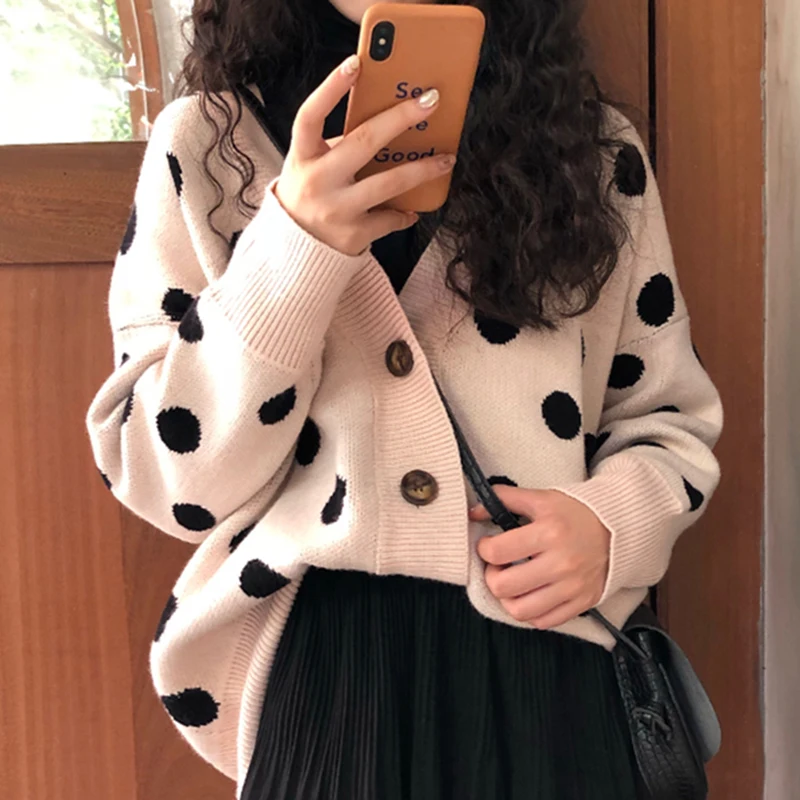 Свободные в Горошек Кардиганы с v-образным вырезом вязанные moda feminina винтажные ins осенне-зимняя одежда женский свитер модный бренд размера плюс