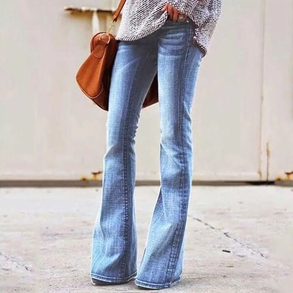 light blue Женские расклешенные джинсы с высокой талией, брюки бойфренда, обтягивающие Стрейчевые джинсы, повседневные широкие женские брюки размера плюс - Цвет: light blue