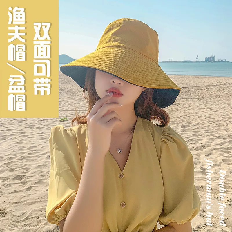

Bucket Hat Women's Spring And Autumn Korean-style Fashion Japanese-style Double-Sided Face Covering UV-Protection Hat Large Brim