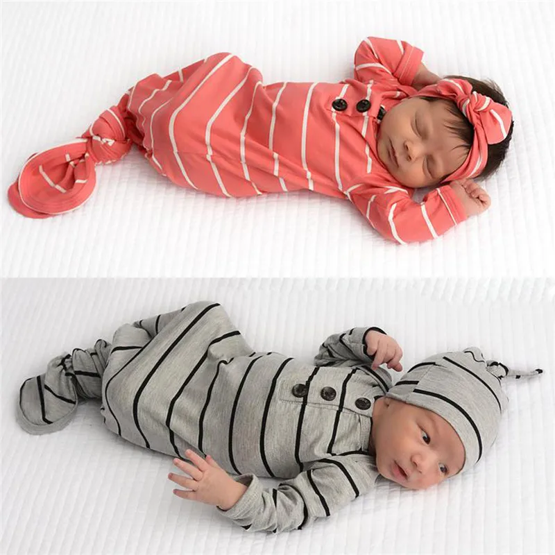 Детские постельные принадлежности для сна, сумки для новорожденных, детское одеяло в полоску, одежда для постельных принадлежностей, шапка, комплект из 2 предметов с длинными рукавами