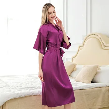 

Women Silky Satin Robe Loose Kimono Bathrobe Gown Sexy Sleepwear Silky Nightwear Female Bathrobe V-neck Home Dressing Gown