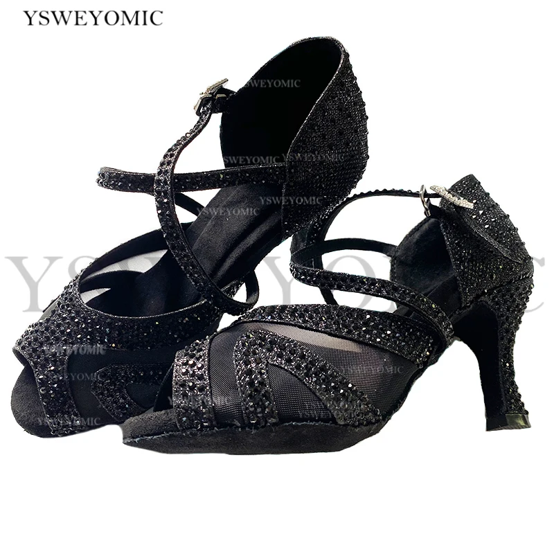 Black Glitter Latin Salsa Ballroom Square Practice Latin Dance Shoes for Women Dancing Ladies High Heels Suede Sole Rhinestones