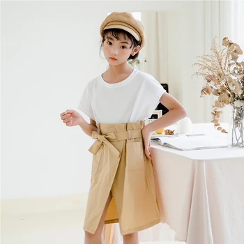 

2020 Kids Summer Dresses For Girls School White Beige Patchwork Big Girls Dress Children Girl Fashion Cotton Split Dresses