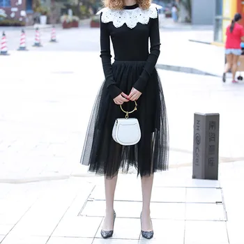 

Lace Mesh Patchwork Pleated Women's Knitted Dress Long-Sleeved O-neck Sweet Female Dresses Fashion Elegant