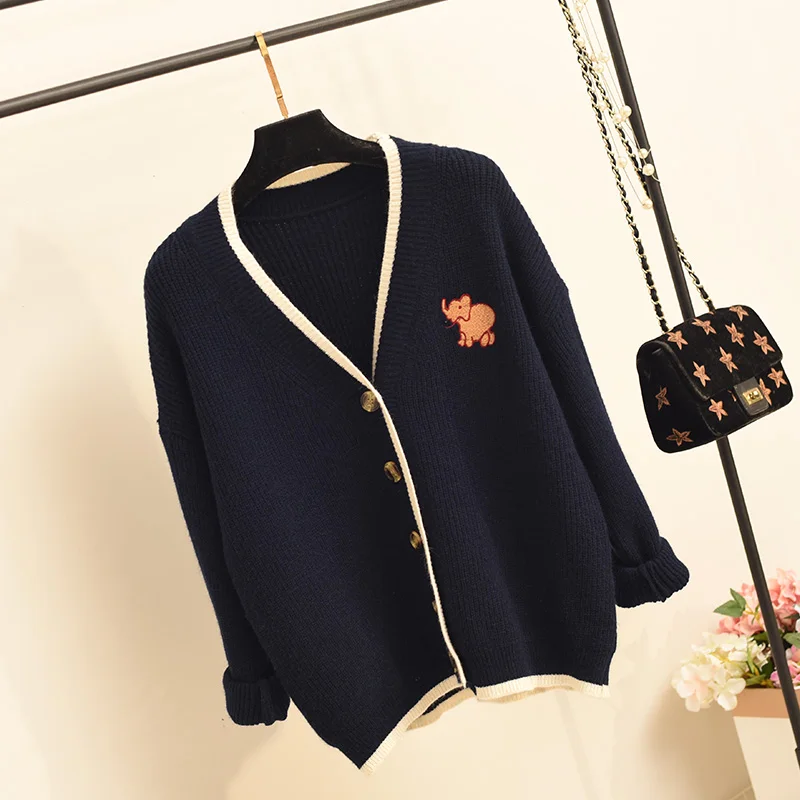 new Korean version loose elephant embroidery knitted cardigan women's college wind net red sweater lazy wind coat trend