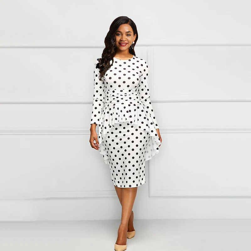 

Sisjuly Vintage Elegant Simple White Women Midi Dresses Bodycon 2 Pieces Polka Dots Falbala Print 2XL Female African 2019 Dress