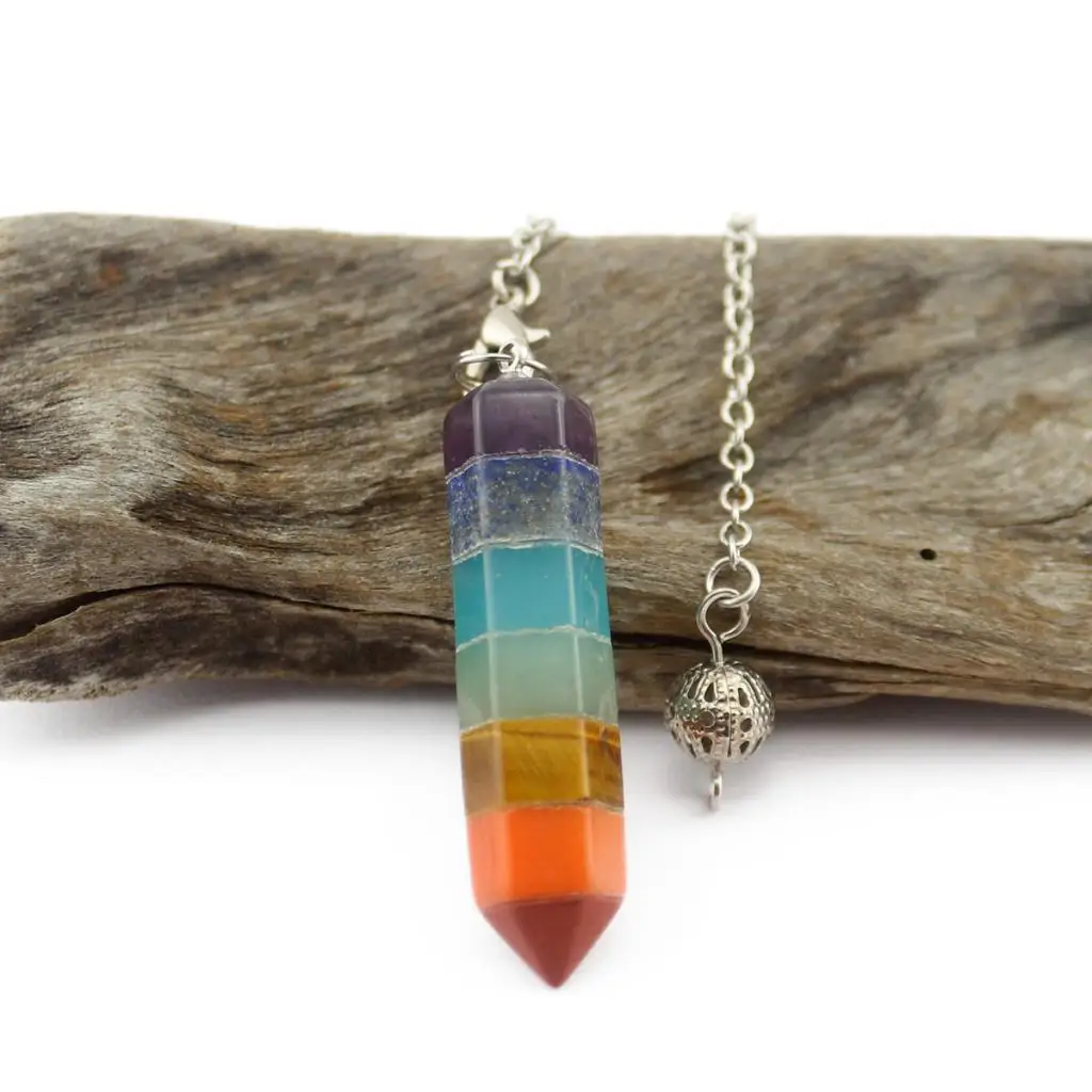 Rainbow 7 Chakra Natural Gemstone Crystal Wand Dowsing Divination Pendulum