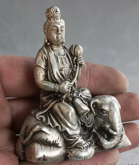 YM 308 тибетский буддийский храм серебро Wenshu Manjushri богиня езды СЛОН БУДДА статуя