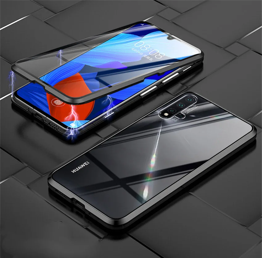 Полный корпус стеклянный Магнитный чехол для huawei Nova 5 5i pro металлический закаленное стекло задняя крышка для huawei Nova 5i Nova5 pro Чехол - Цвет: black