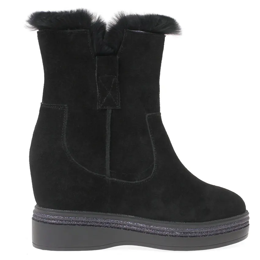 Punk Goth Trainers Women Cow Leather Wedges High Heel Snow Boots Rabbit Fur Platform Pumps High Top Winter Warm Fashion Sneakers