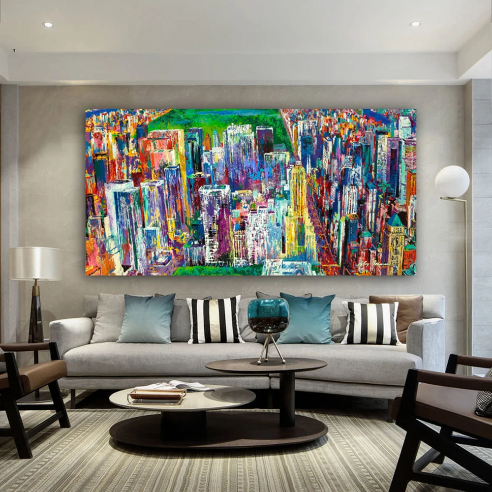 DDHH Home Painting Large Size abstract city  Oil Painting Manhattan Panorama Wall Decor Blue Painting for Print Wall Picture