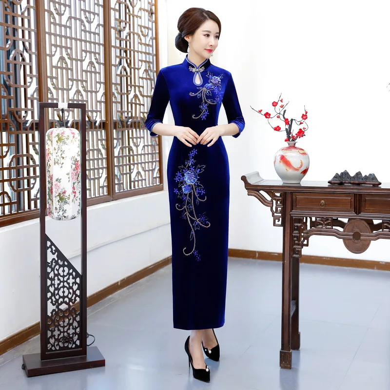 Embriodery женское элегантное платье Cheongsam Благородный Теплый Qipao элегантное вечернее платье для выпускного вечера сексуальное длинное китайское платье классическое Vestidos