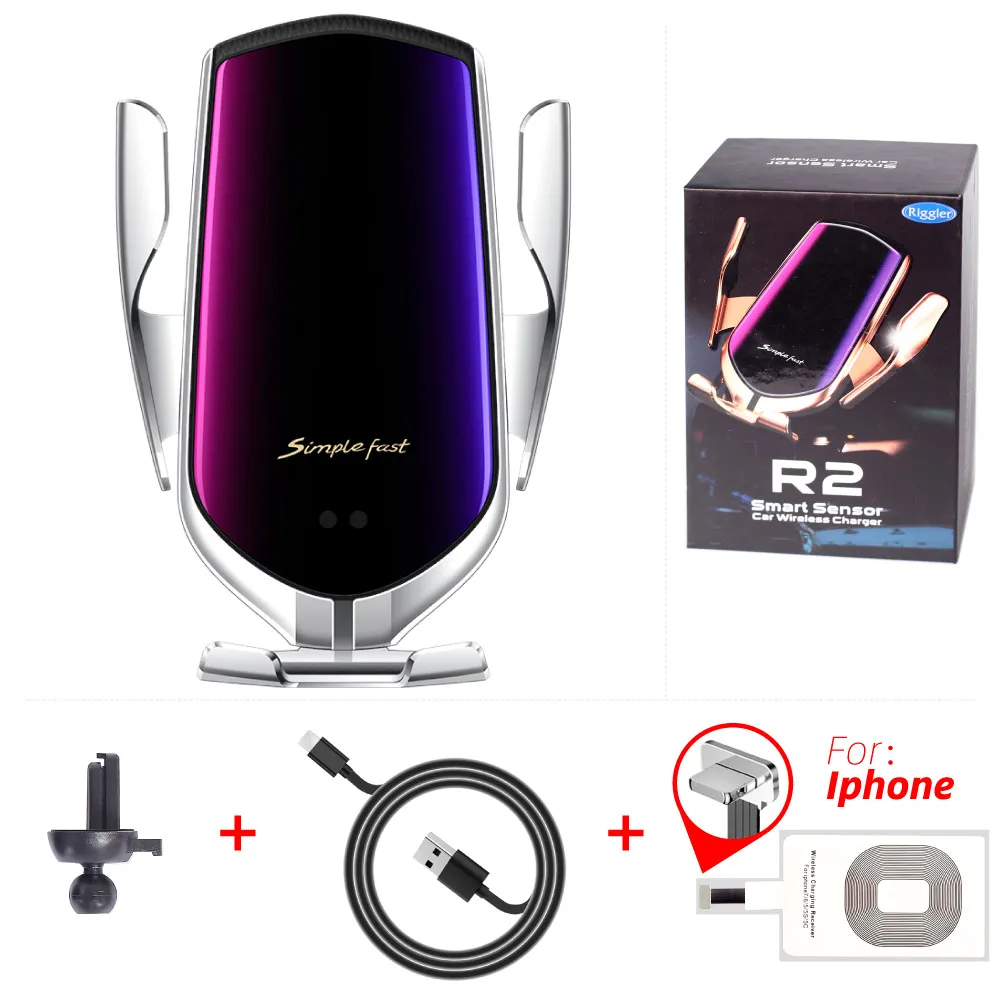 silver for iphone R2 Автоматическая Зажимная Беспроводной автомобильное крепление для зарядки для huawei P30Pro Mate20Pro для Iphone XR XS MAX 8/8 плюс Qi Беспроводная Быстрая зарядка автомобильный держатель - Тип штекера: silver for iphone
