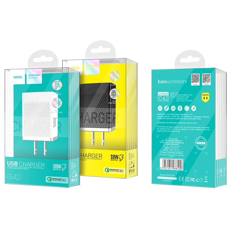 HOCO C42 10 шт./лот 18 Вт USB зарядное устройство для iPhone 11 Xs Max США вилка настенное зарядное устройство адаптер для samsung Xiaomi huawei