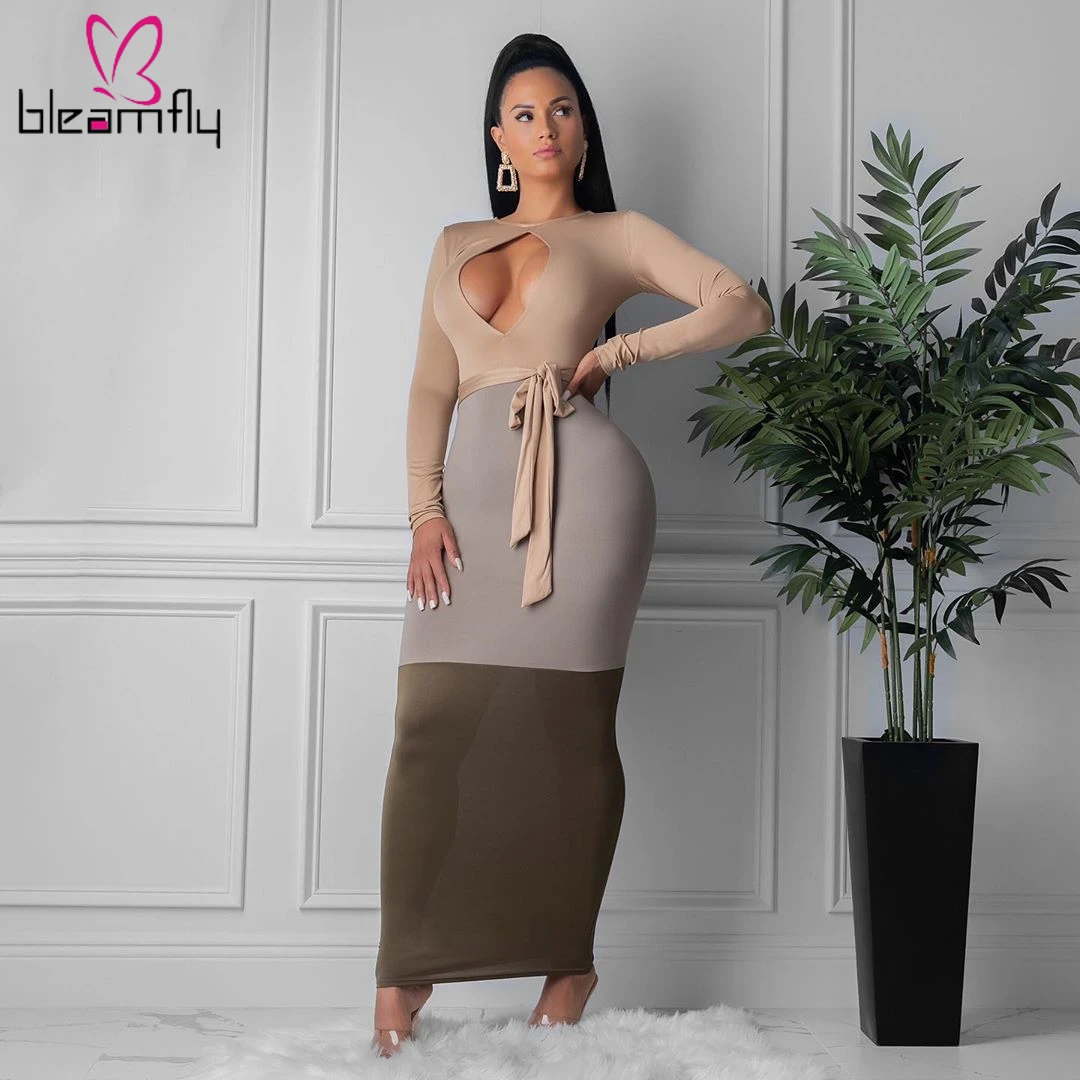 

Autumn Women Long Sleeve Maxi Bodycon Dress Patchwork Sashes Cut Out Sexy Evening Night Club Party Dresses Long Skinny Vestidos