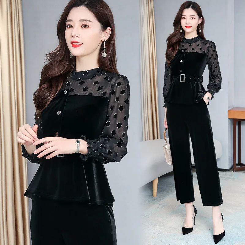 

Spring Clothing Black And White with Pattern Lantern Long Sleeve Polka Dot Gauze Joint Gold Velvet Tops Pants Loose Pants Two-Pi
