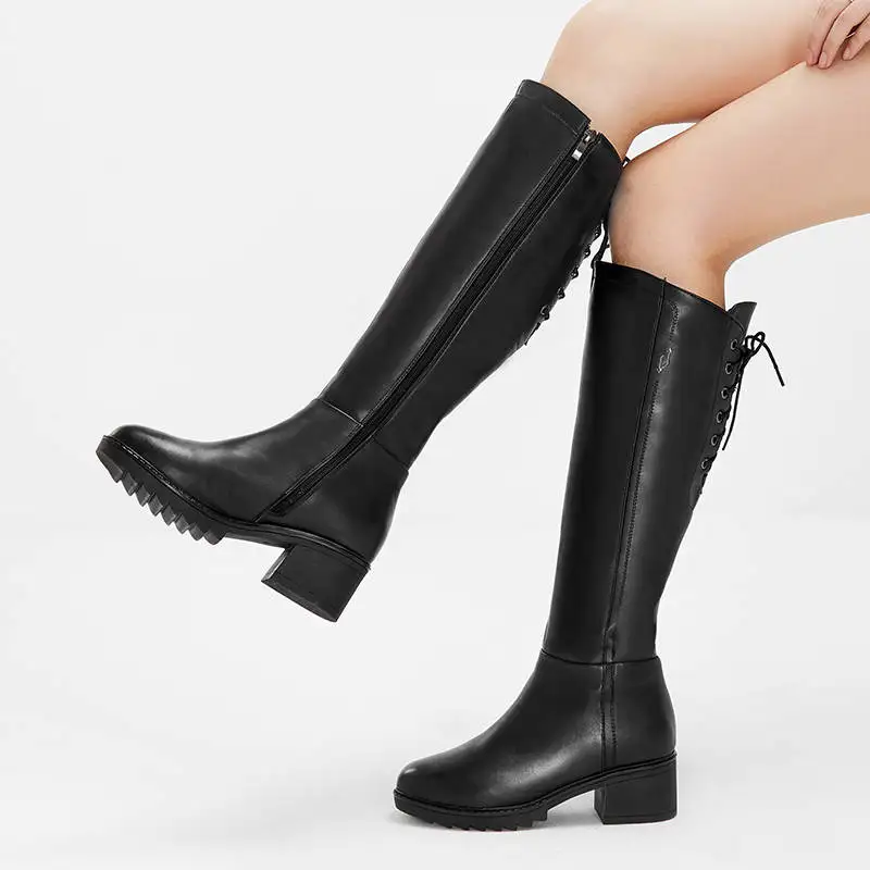 

Huapate 2019 Genuine leather boots fur fashion knee high boots women warm Natural wool boots round toe winter snow boots