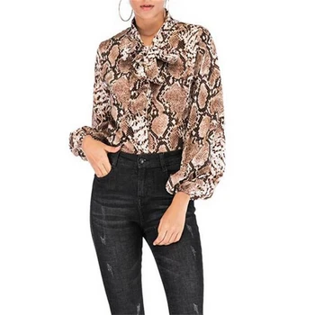 

Bowtie Collar Snake Print Single Breasted Elegant Blouse Tee Women 2020 Spring Autumn Fashion Office Ladies Shirts Vintage Tops