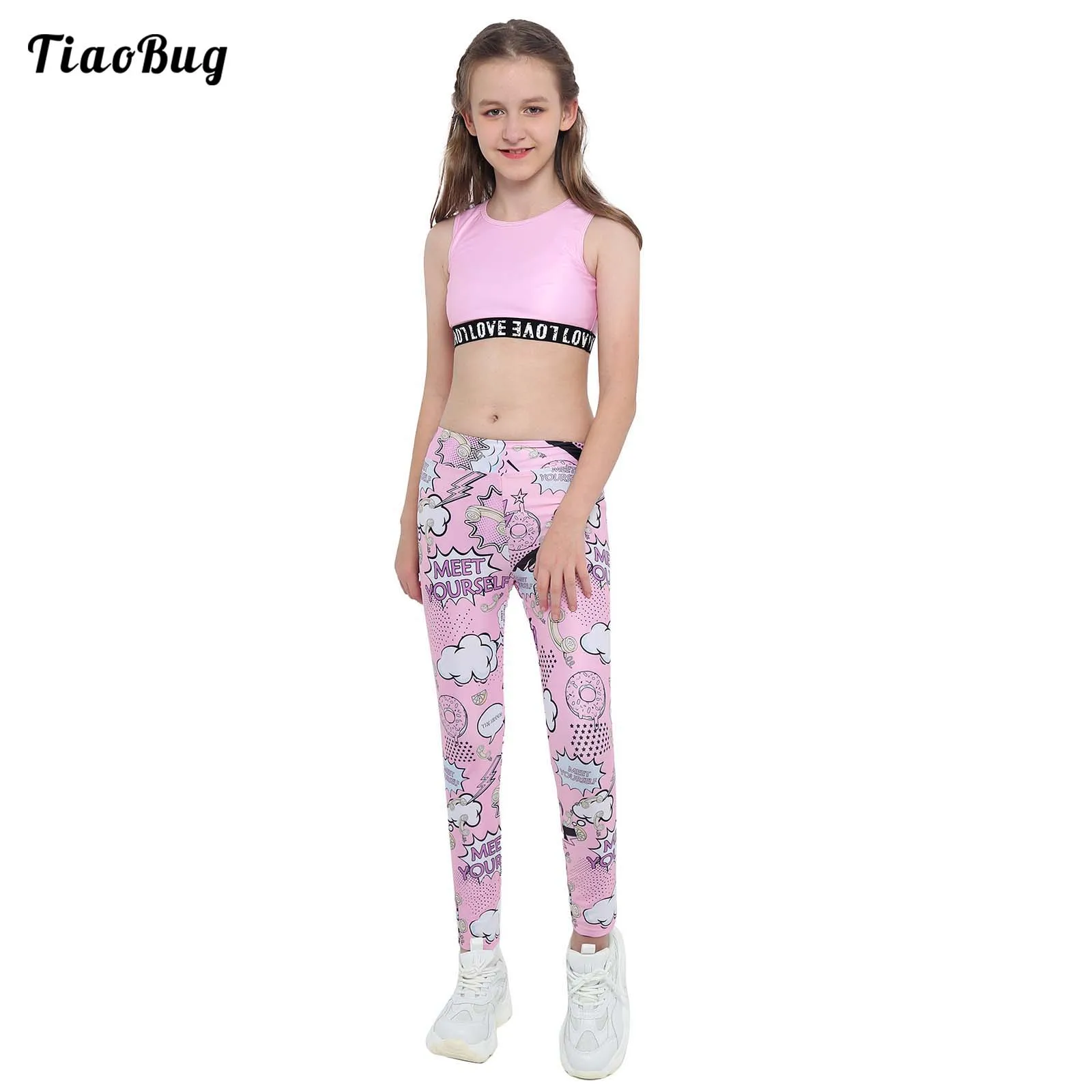 

Summer 2Pcs Kids Girls Sport Suit Round Neck Sleeveless Letters Print Hem Tank Top And Leggings Gym Yoga Fitness Sets