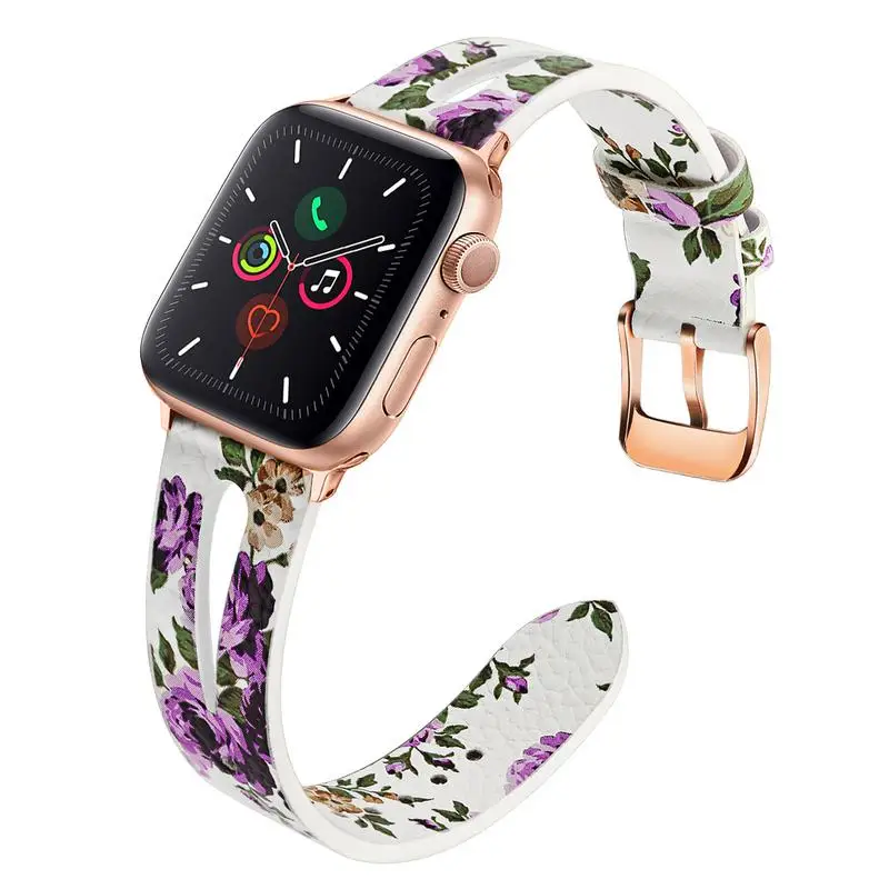 Ремешок для часов из натуральной кожи с цветком для iWatch Apple Watch 44 мм 40 мм 42 мм 38 мм серия 5 4 3 2 1 Женский ремешок со стальной застежкой ремень - Цвет ремешка: Purple Flower