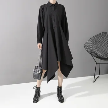 

Women 2020 Spring Autumn Fashion Casual Irregular Simple Shirt Dress Black Loose Lapel Long Sleeve Knee Length Dress Big Size