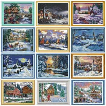 

HUACAN Cross Stitch Scenery Needlework Sets Kits White Canvas DIY Gift Home Decor Embroidery Winter 11ct 14CT