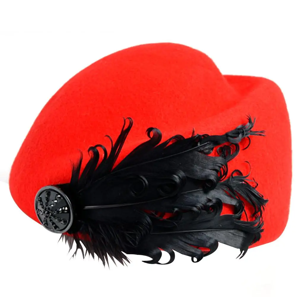 New Luxury Feather Stewardess Cap Fedora Hat Female Fashion Solid Wool Vintage Hats For Women British Style Of Beret