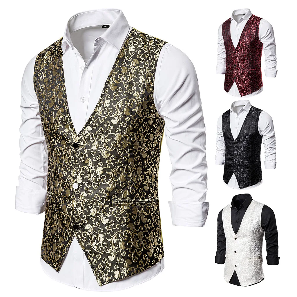 

PUIMENTIUA 2019 New Arrival Autumn Men Print Vest Men Brand Night Club Prom Suit Vest Men Waistcoat Wedding Formal Vests for Men