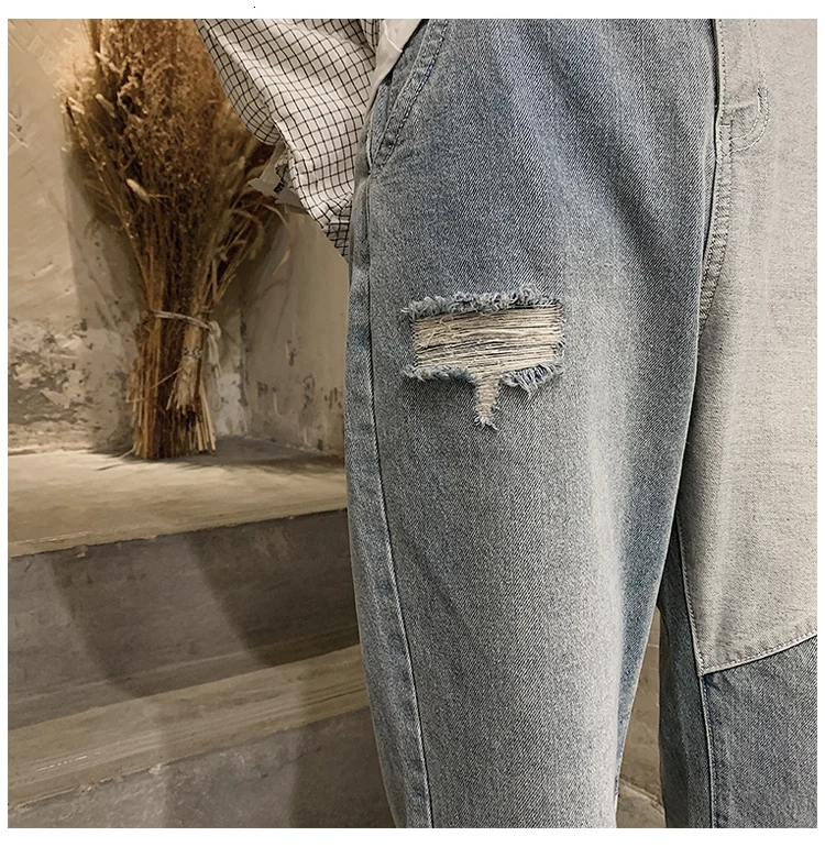 Autumn Jeans Men's Fashion Wash Contrast Color Stitching Casual Denim Pants Man Streetwear Wild Hip Hop Loose Straight Trousers