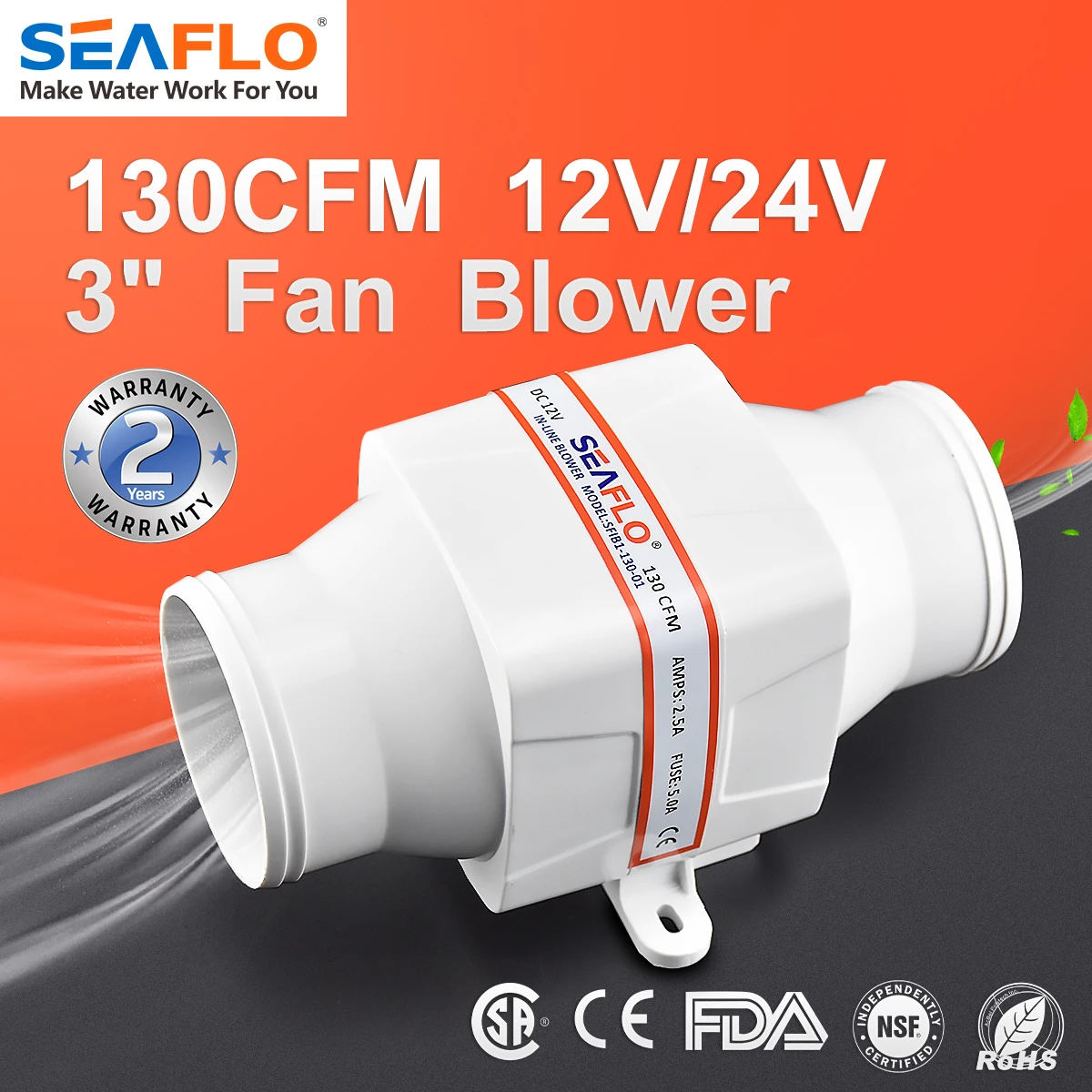 Seaflo In Line Bilge Air Blower 130CFM Boat Black Ventilation Marine 12V 2.5AMP seaflomarinerv - 4\u2033 235CFM In-Line Bilge Blower Fan